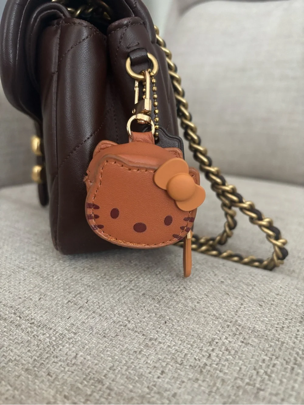 Hello Kitty Brown and Tan Leather Kitty Charm Keychain